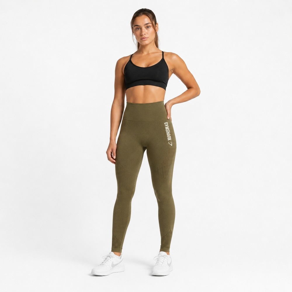 Gymshark‎ Energy+ Seamless Leggings Women XS Olive Green High Rise Eyelet Ribbed